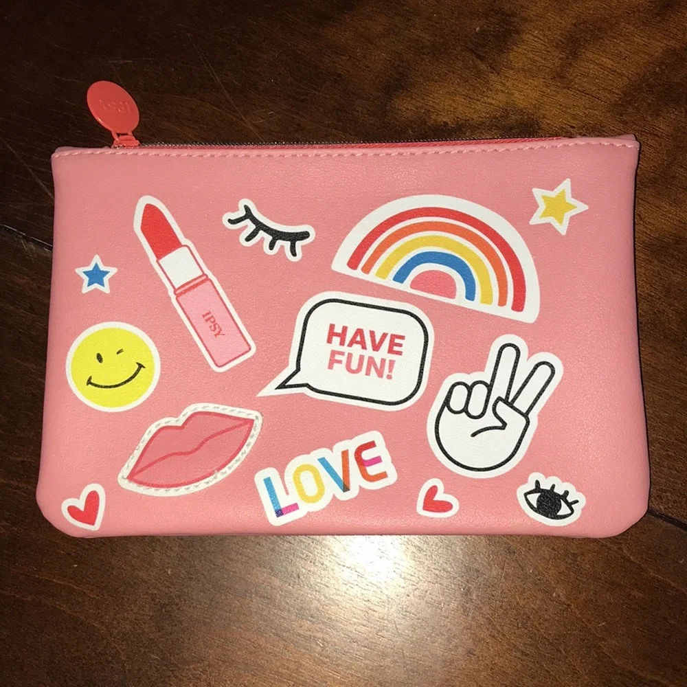 Ipsy Pink Peace Love Rainbow Lipstick Zippered Make Up Travel Cosmetic Bag